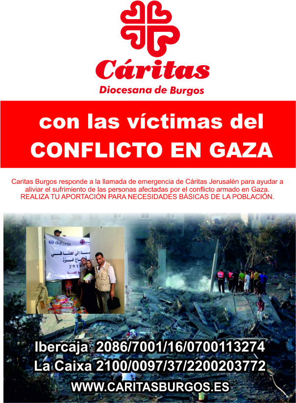 Cáritas Burgos pide colaboración para paliar el sufrimiento de las personas afectadas por el conflicto armado en Gaza.